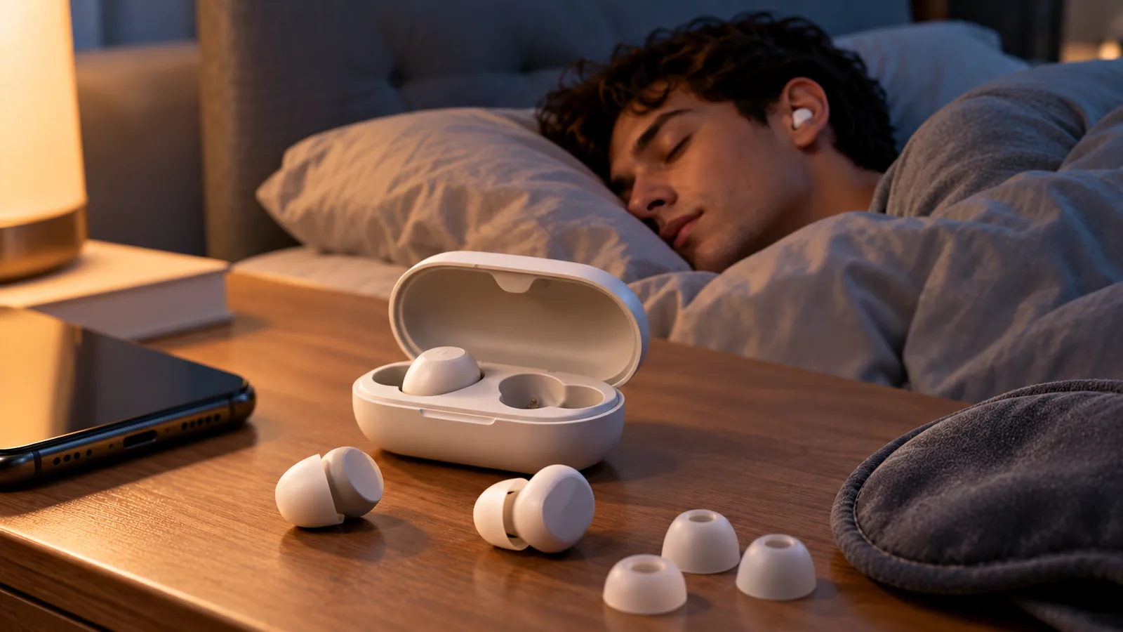A sleeping person wearing a white earbud, with an open case and spare ear tips on the bedside table.
