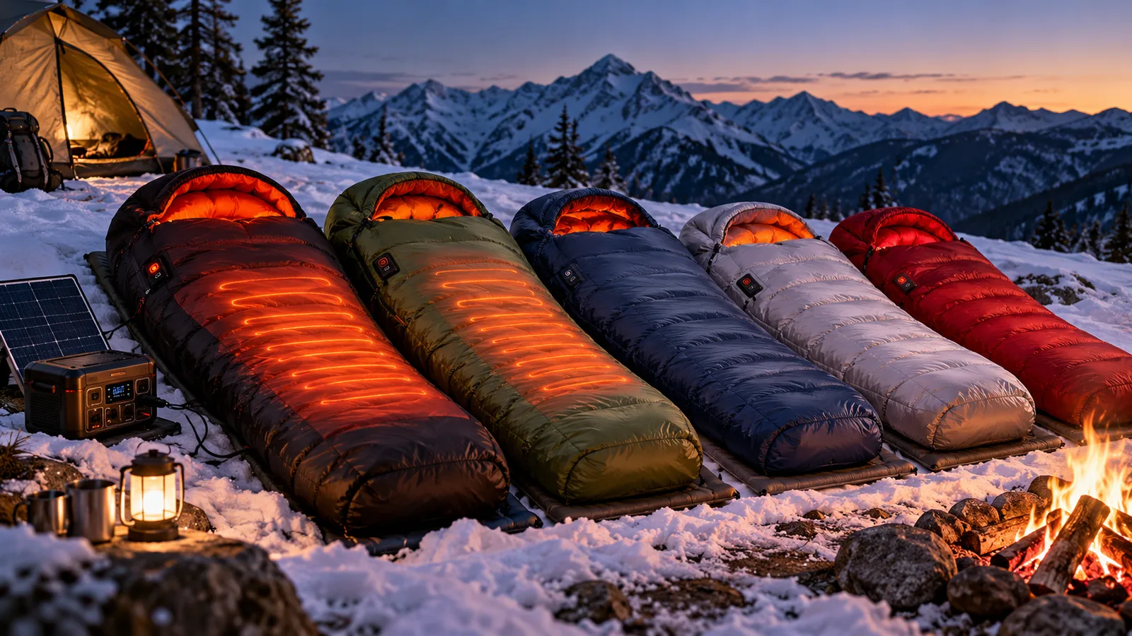 Unbranded heated sleeping bags and a portable power station at a snowy campsite.
