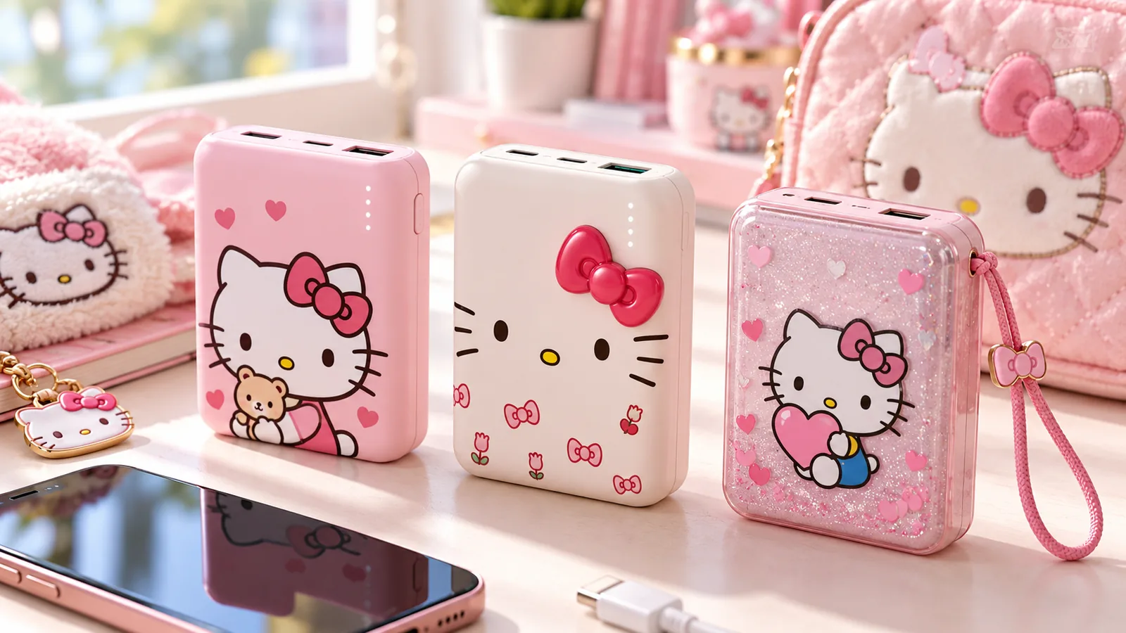 Three pink and white Hello Kitty power banks with character artwork are displayed beside a smartphone.