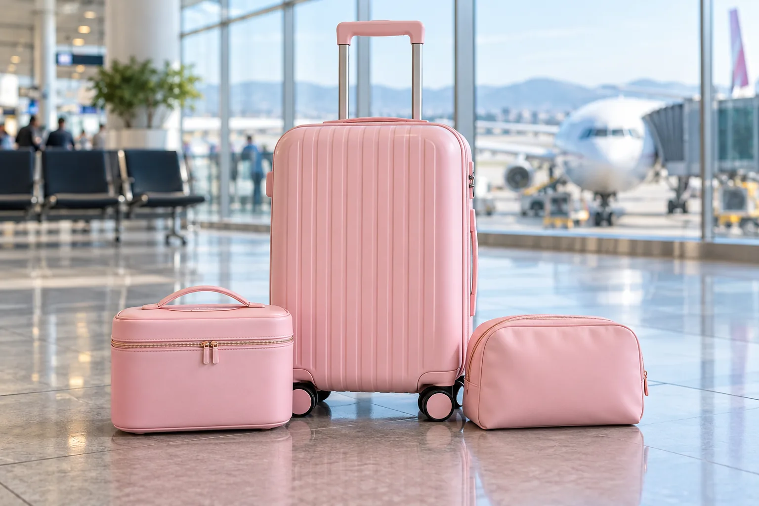 A pastel-pink rolling suitcase with two matching travel cases in an airport terminal.