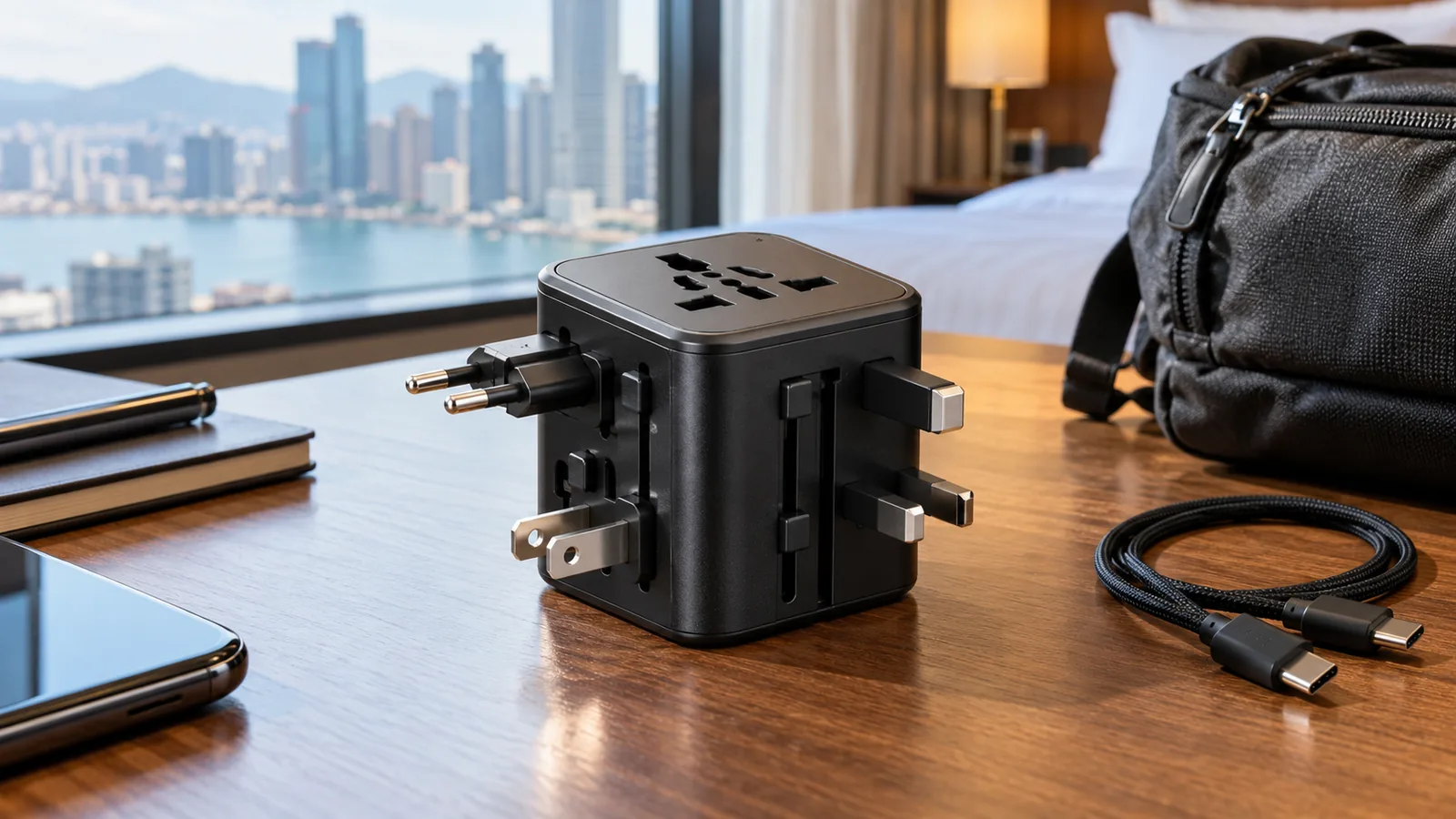 A generic universal plug adapter with charging cables on a hotel desk beside a travel bag.