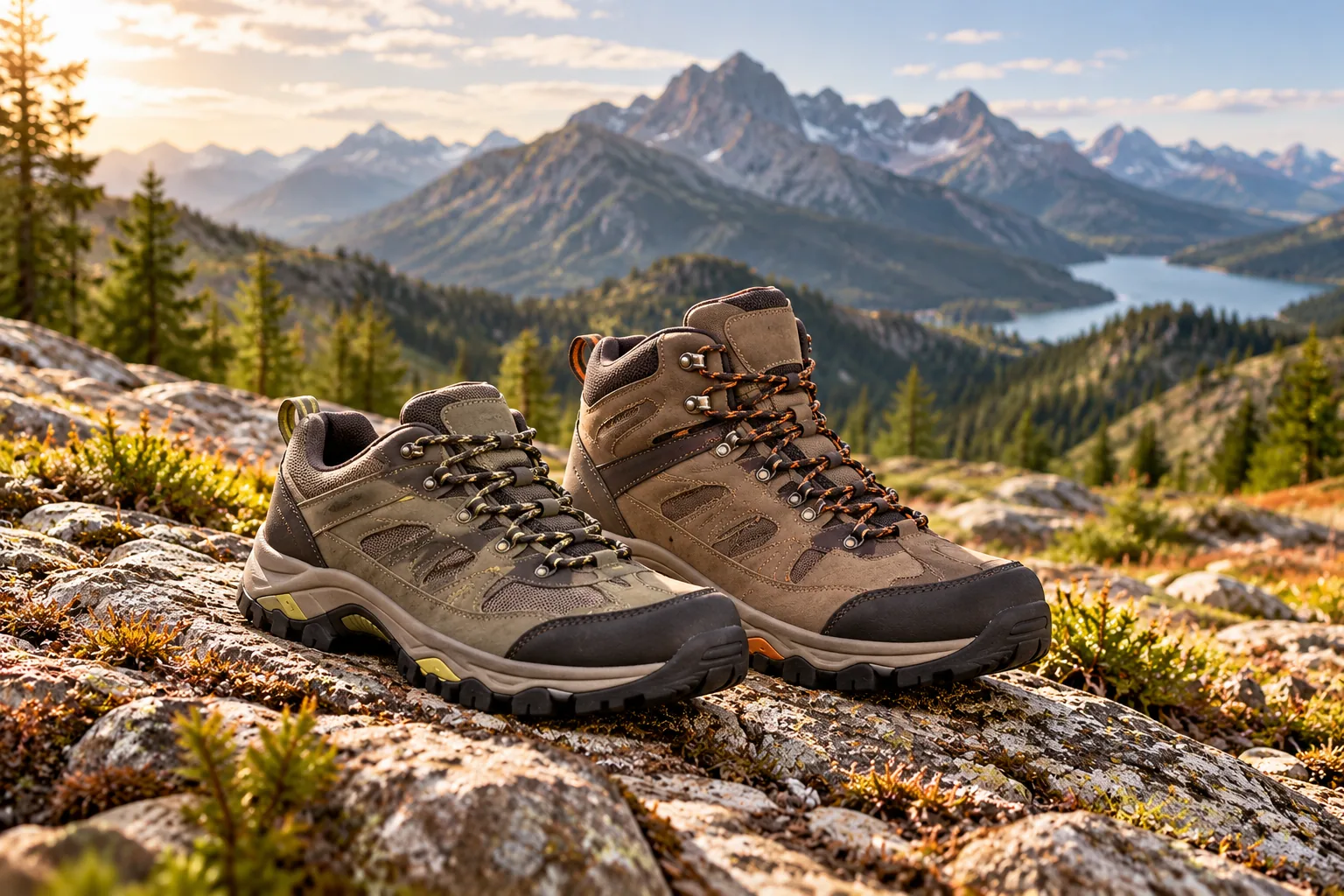 A low hiking shoe and a mid-height hiking boot sit on a rocky mountain trail.