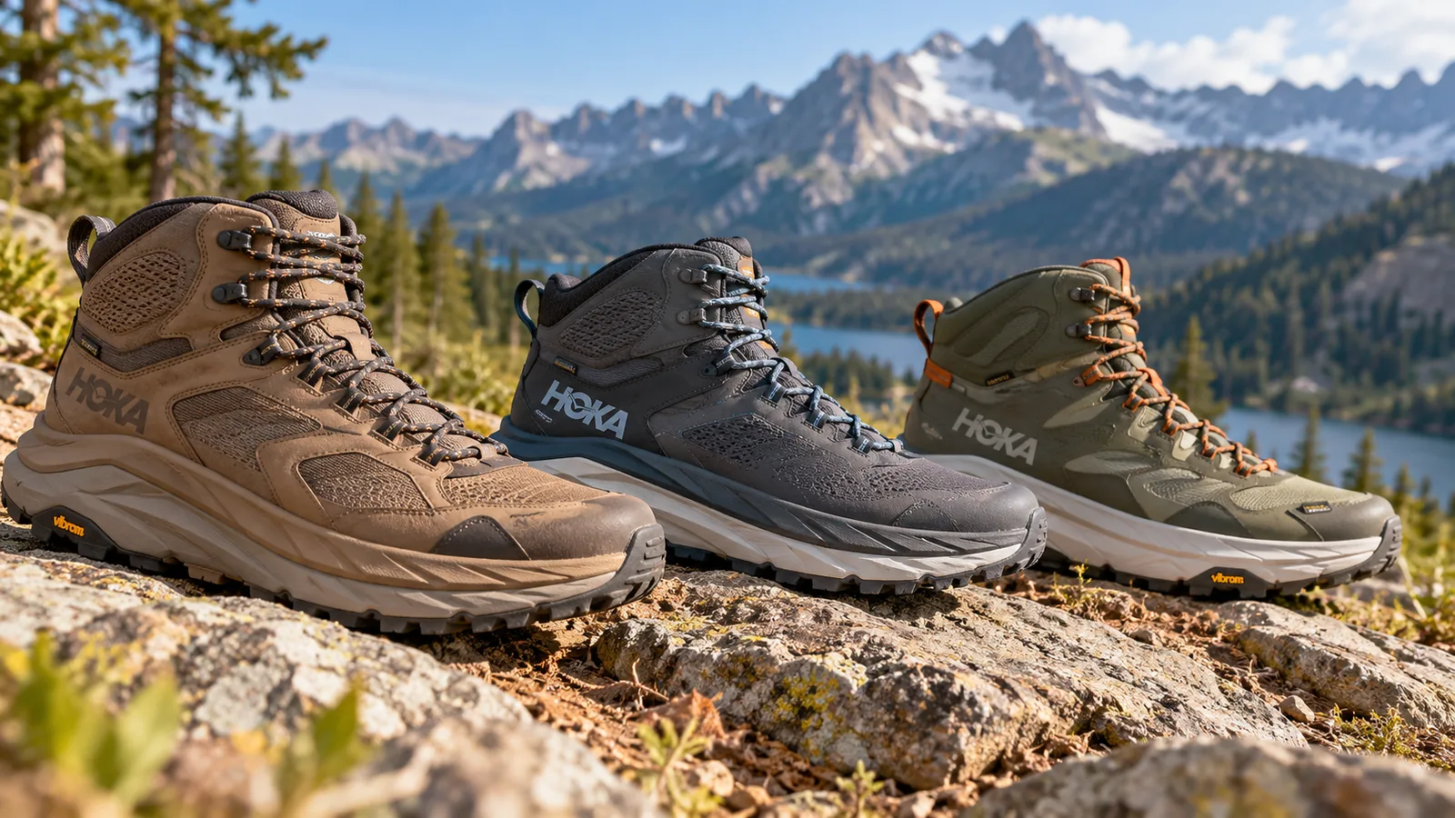 Three HOKA-marked hiking boots arranged on rocks with mountains and a lake behind them.
