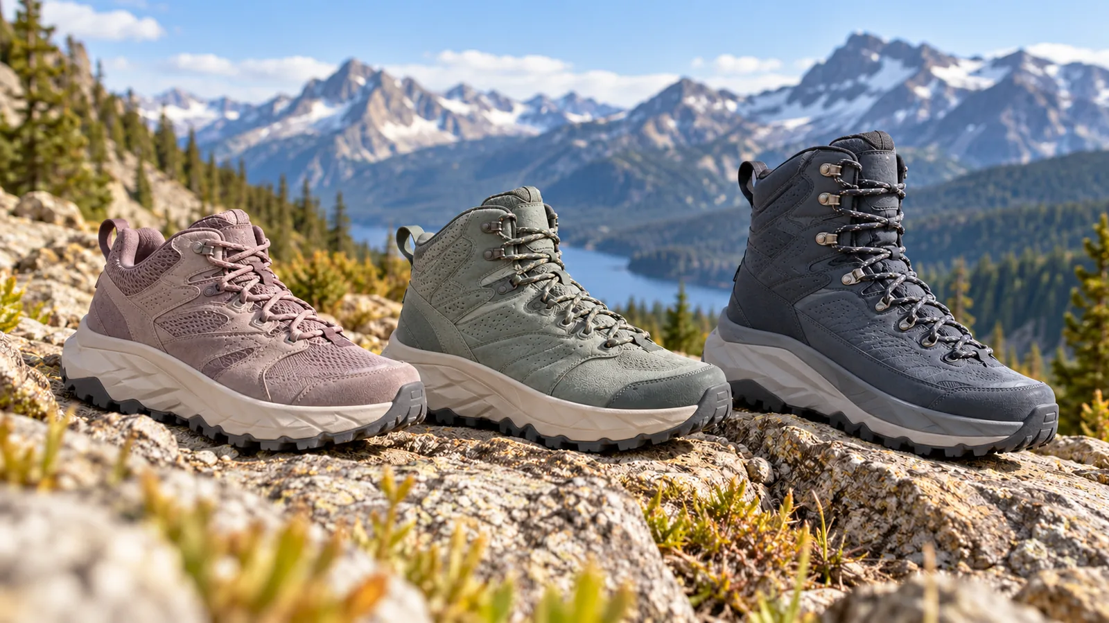 Three unbranded hiking boots of different heights sit on a rocky mountain overlook.