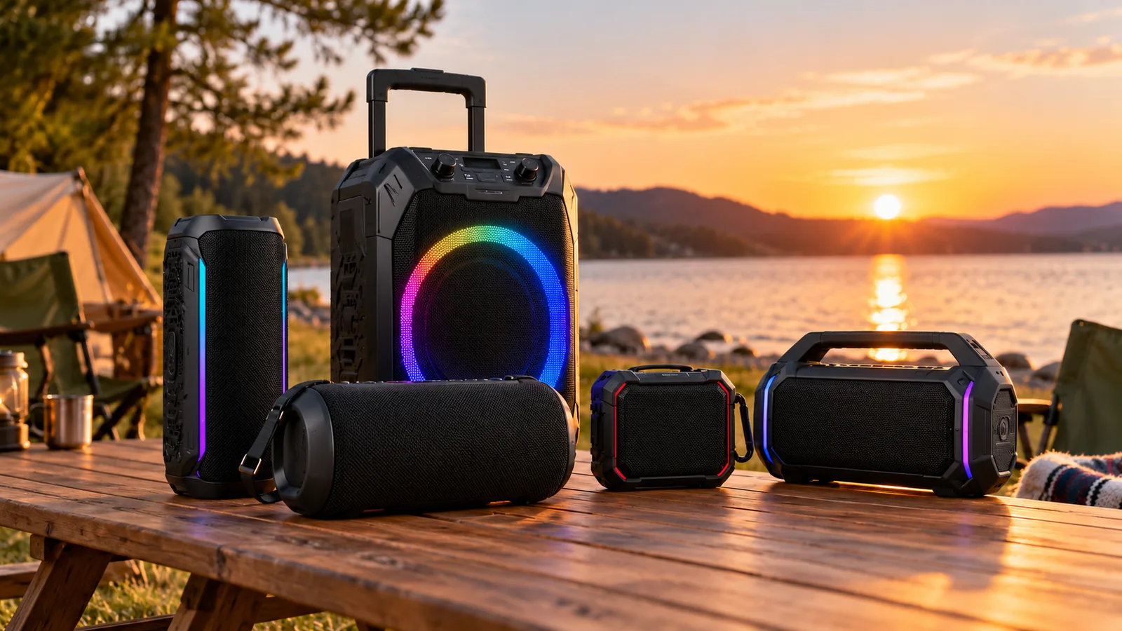 Several generic portable speakers arranged on a table by a lake at sunset.