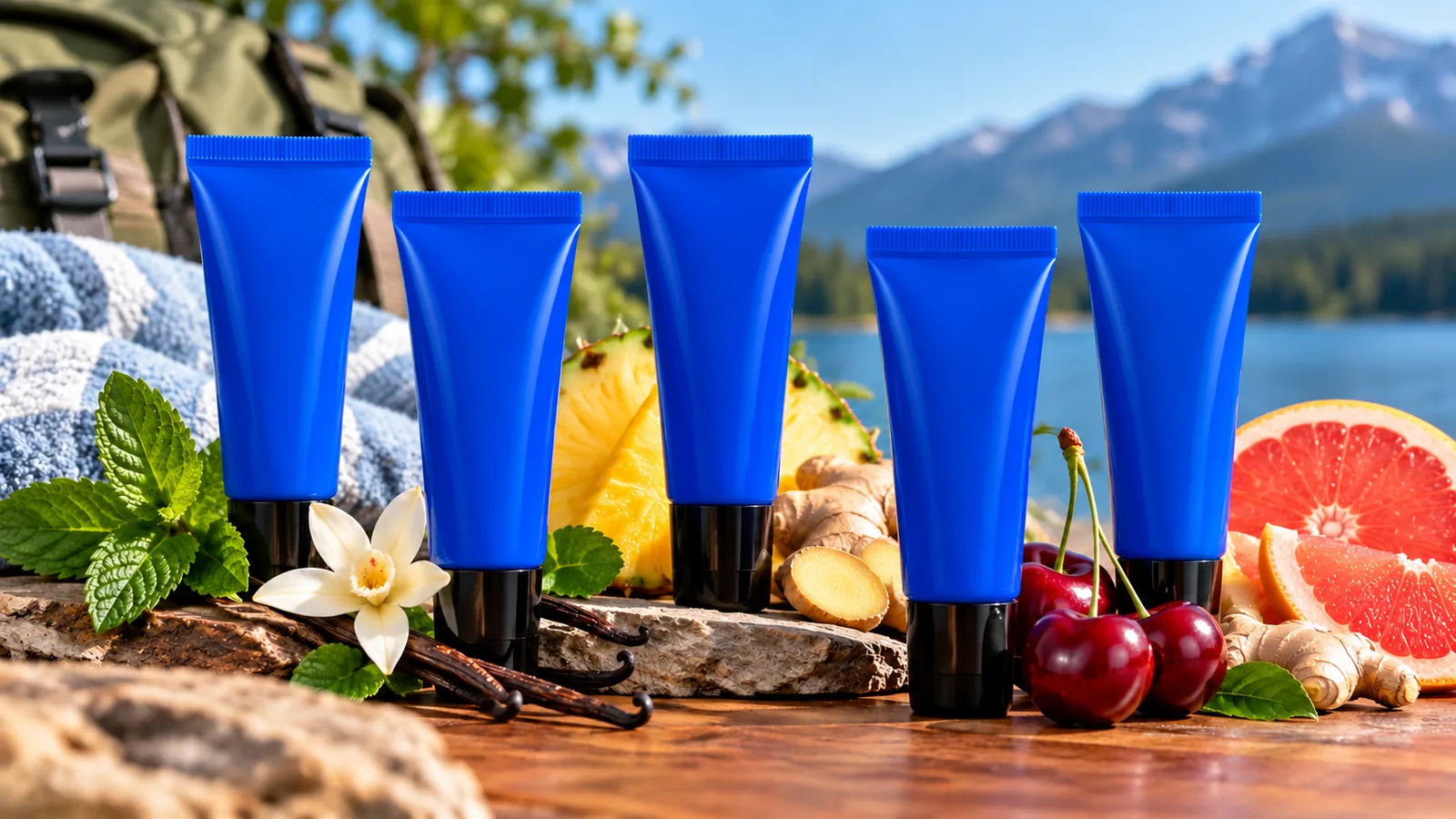 Plain blue balm tubes displayed with mint, fruit and botanicals.