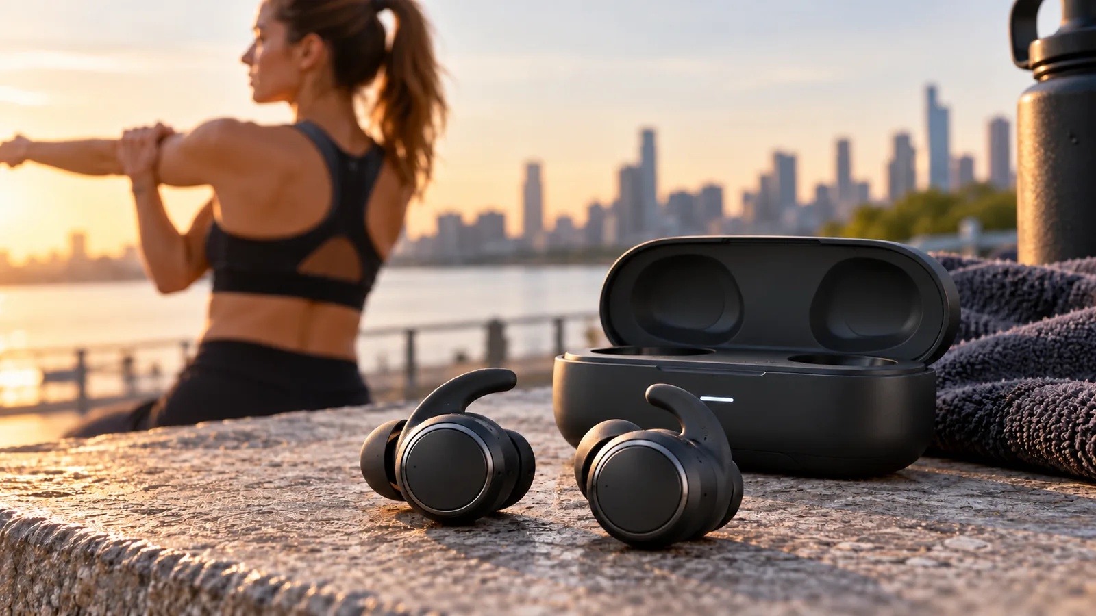 Unbranded black wireless sport earbuds and an open charging case on a stone ledge beside a runner stretching by the waterfront.
