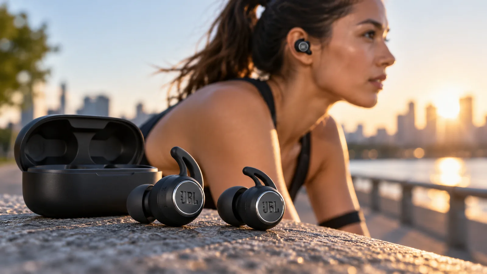 A runner wears an in-ear sport earbud beside an open charging case and a second earbud.