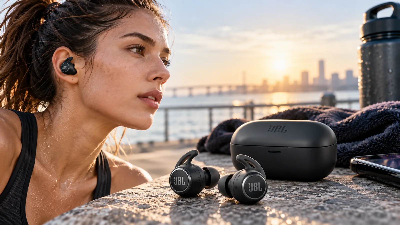 A woman wearing black wireless earbuds beside two earbuds and a charging case on a stone ledge at sunrise.