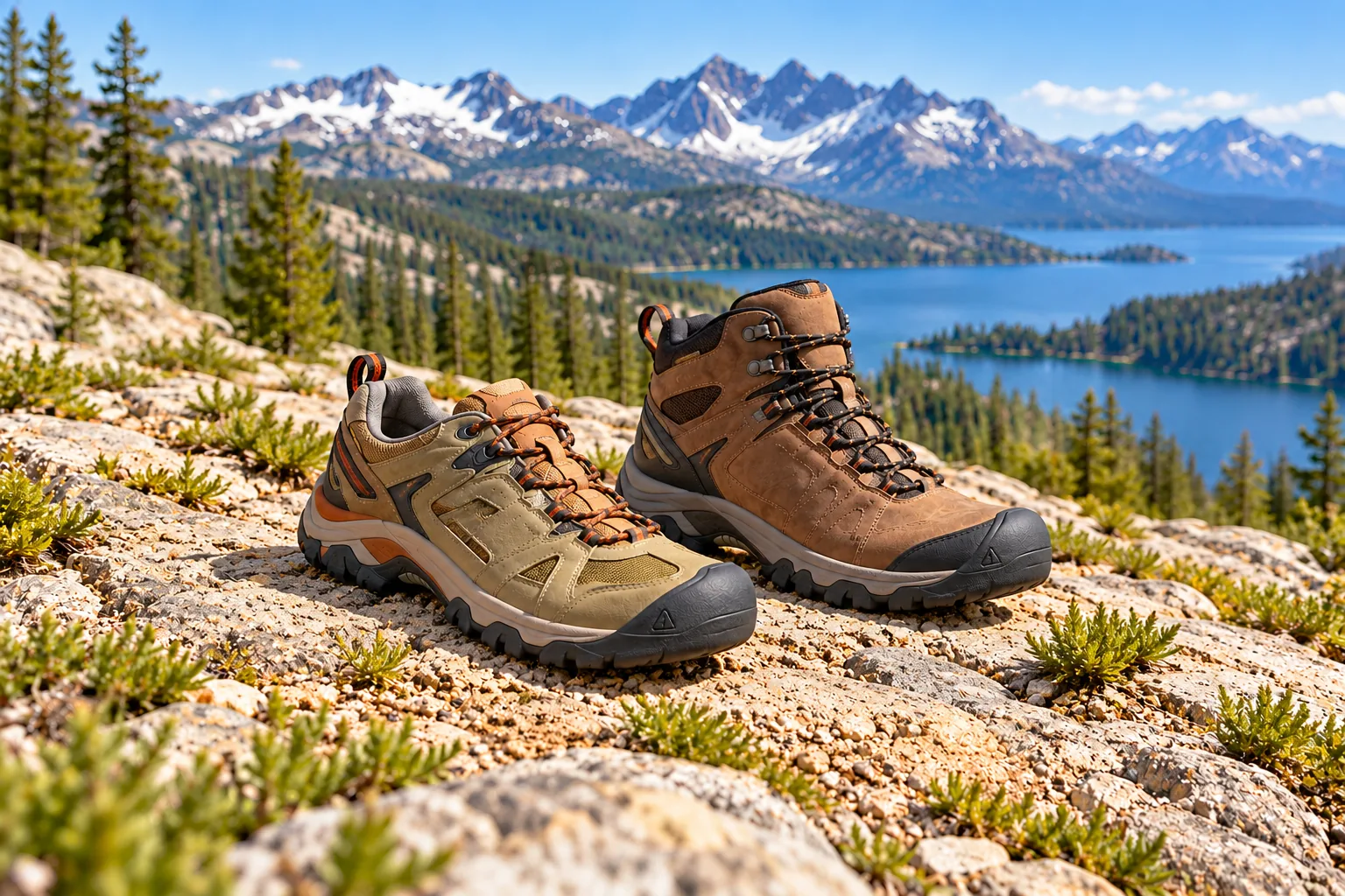 A brown hiking boot and a low-cut hiking shoe sit on a rocky mountain trail.