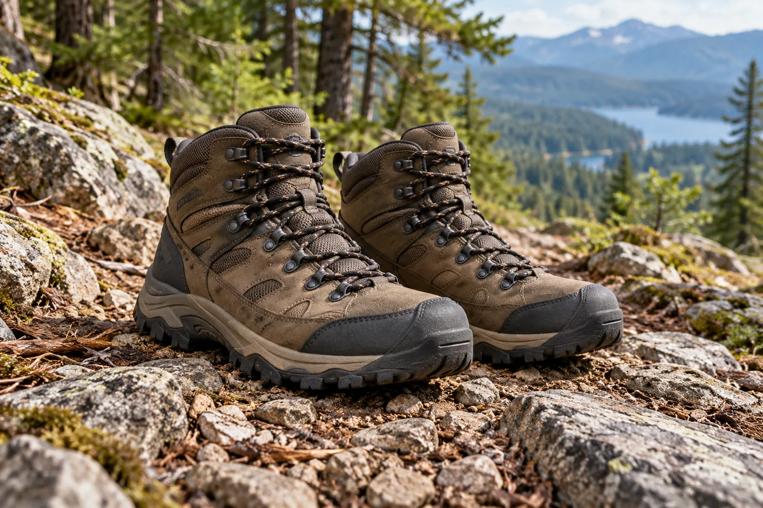 A pair of sturdy brown hiking boots on a rocky forest trail.