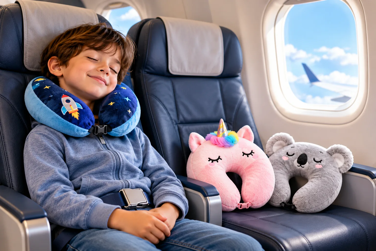 A child wearing a blue U-shaped neck pillow rests in an airplane seat beside pink and gray animal-shaped travel pillows.