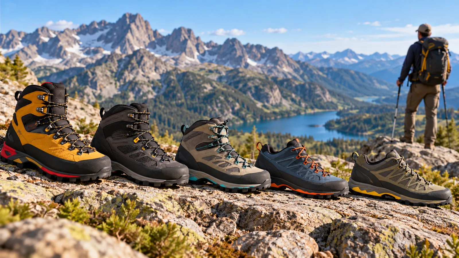 Several unbranded hiking boots arranged along an alpine trail.