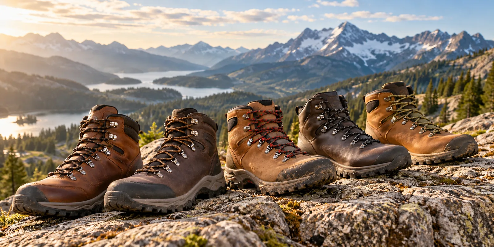 Five brown leather hiking boots displayed on a rocky overlook above a mountain lake.