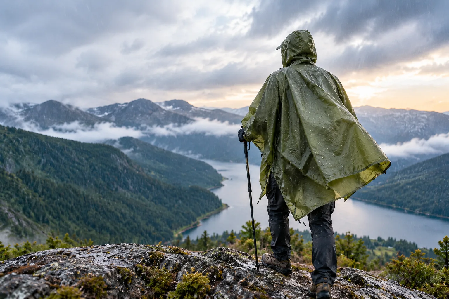 A hiker wearing a lightweight-looking rain poncho stands on a rocky mountain trail above a lake.