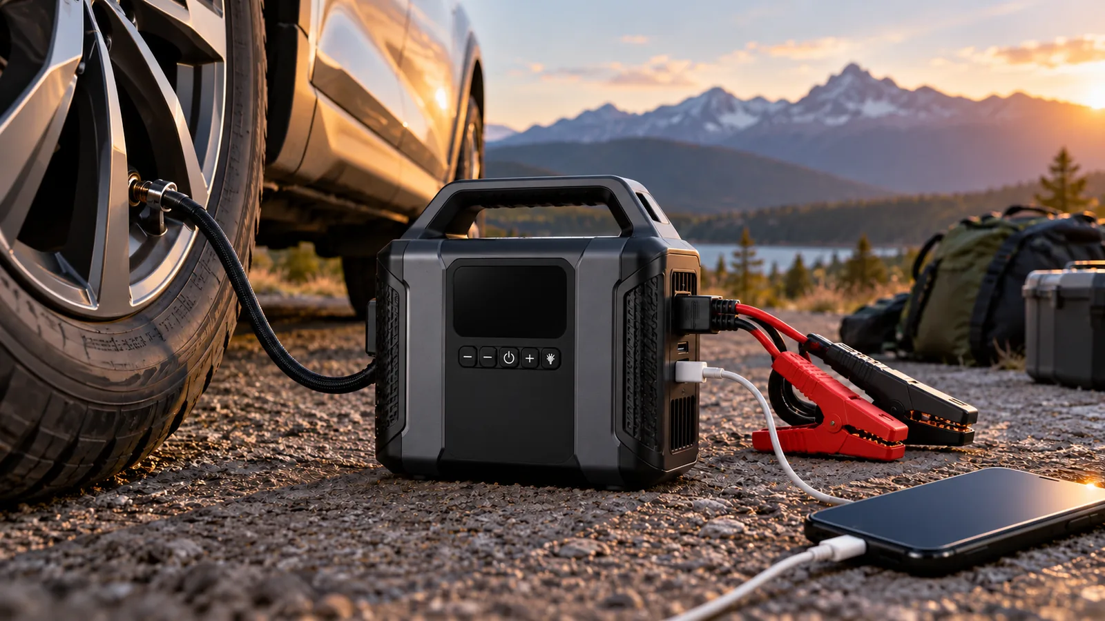 A portable tire inflator and power device is connected to a vehicle tire and battery clamps beside a smartphone.