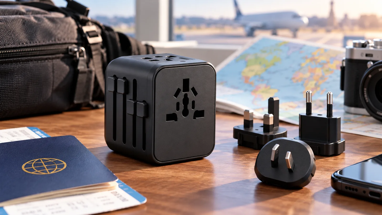 An unbranded universal travel adapter and detachable plug heads beside a passport.