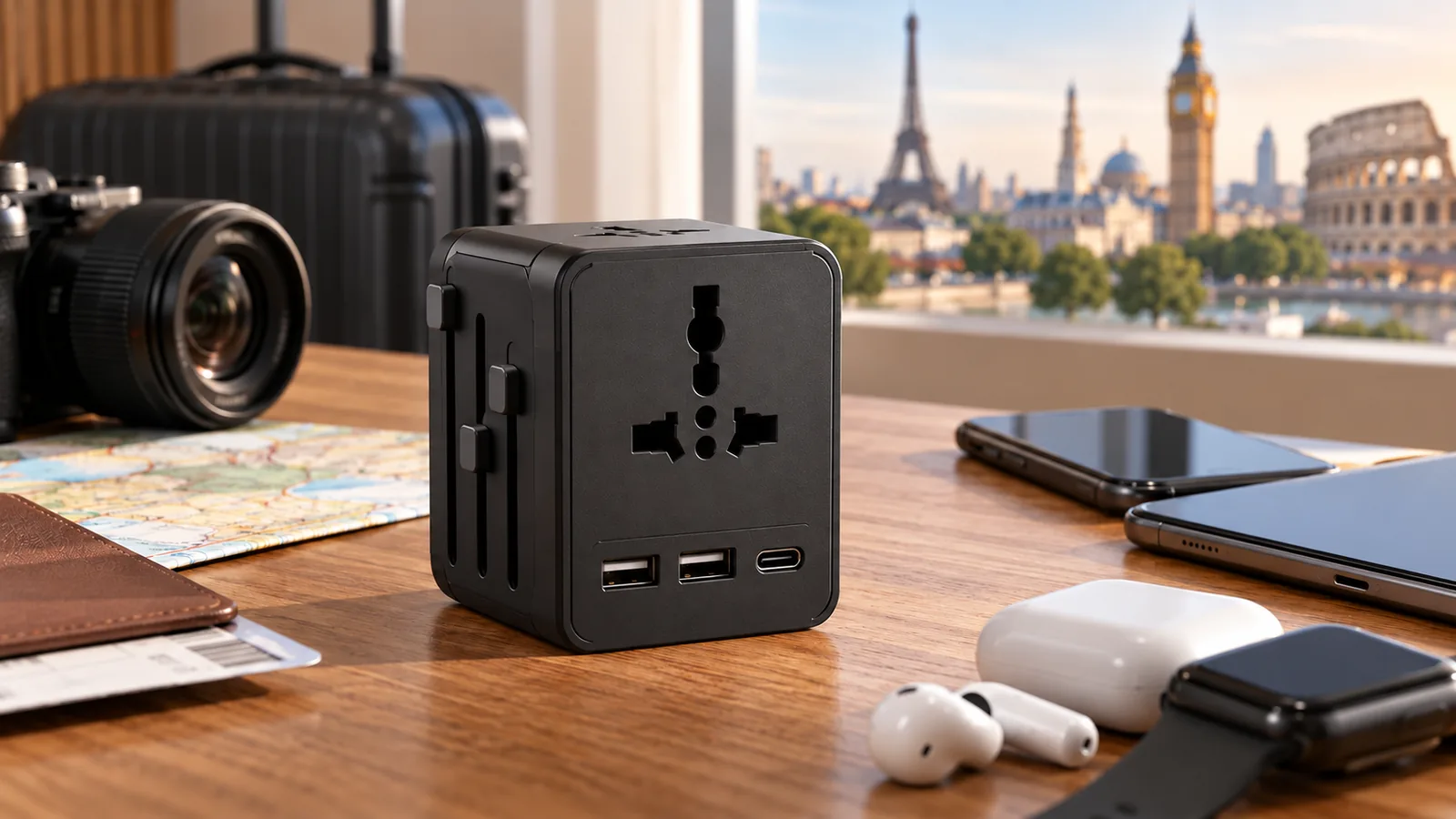 An unbranded universal travel adapter with multiple plug openings and USB ports on a desk beside travel items and mobile devices.