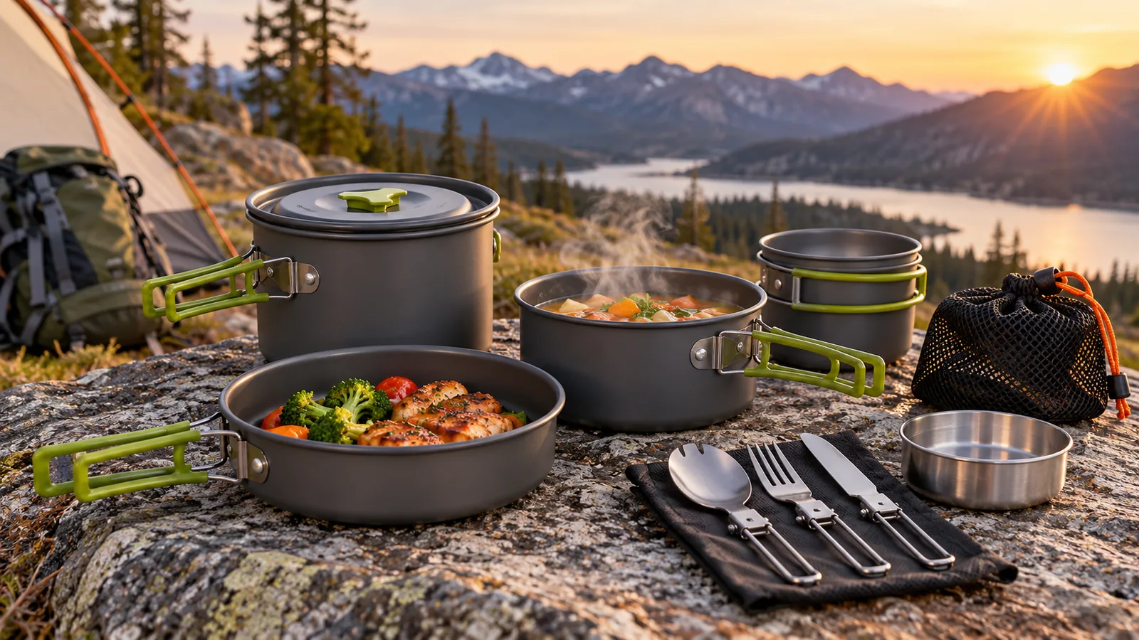 Camping pots, folding utensils and a mesh storage bag are arranged on a rock beside a tent at sunset.