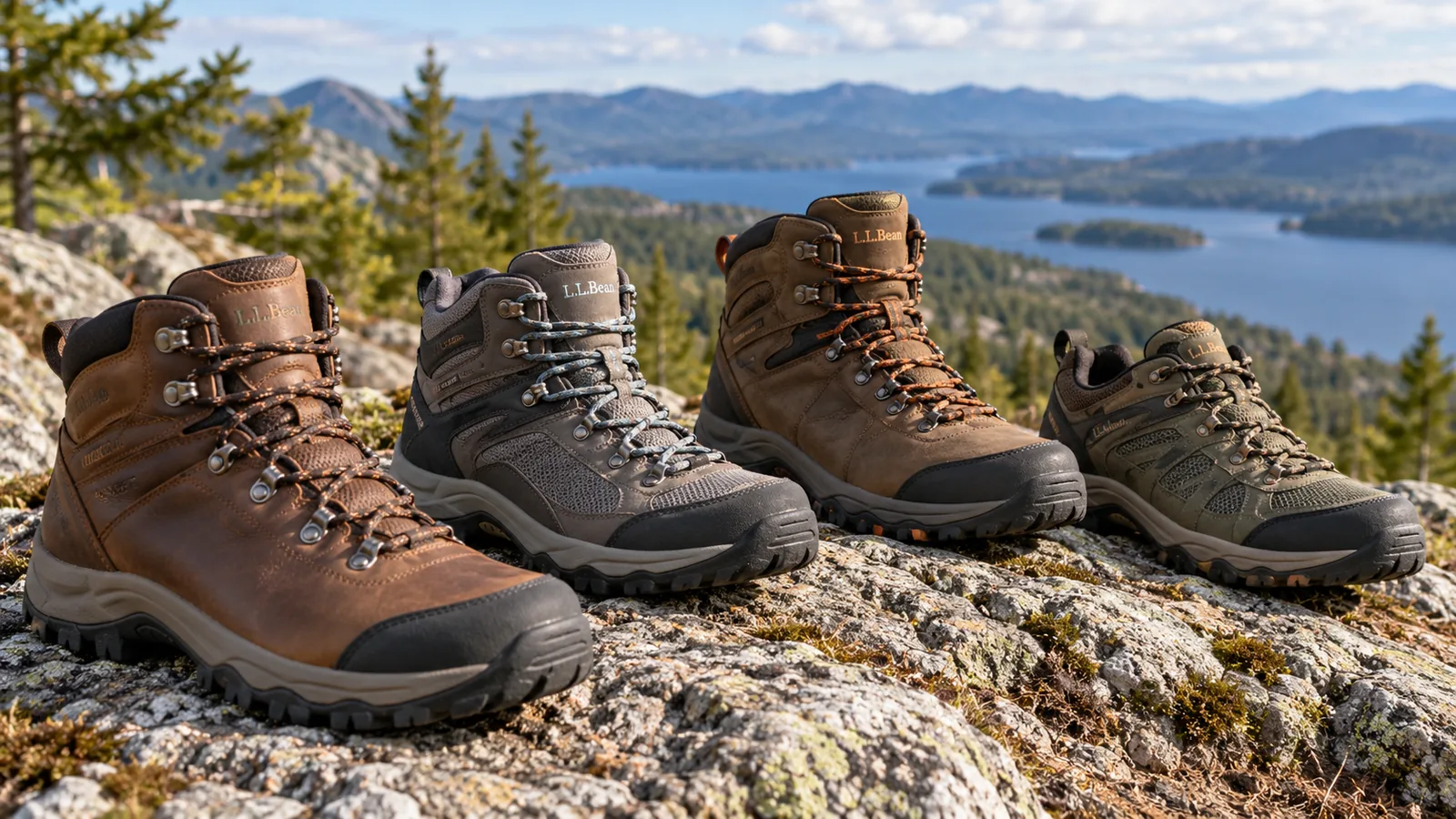 Four hiking boots in different colors and heights are arranged on rocks above a lake.
