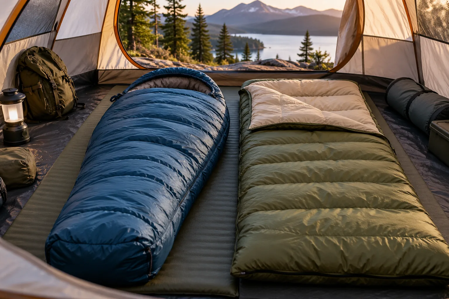 A blue mummy-style sleeping bag and an olive rectangular sleeping bag lie on a tent groundsheet.