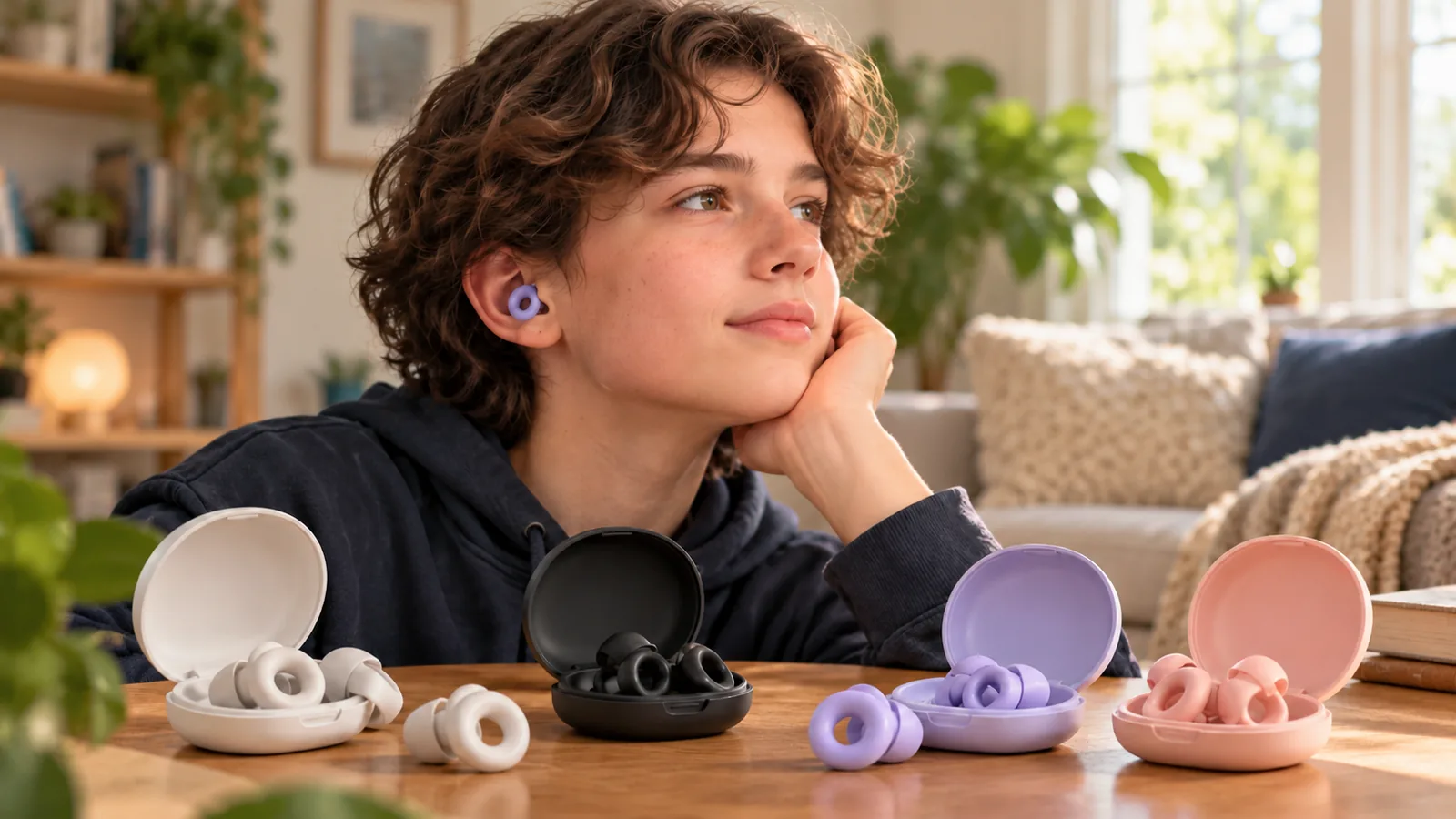 A person wears a ring-style reusable earplug while several earplug options are displayed.