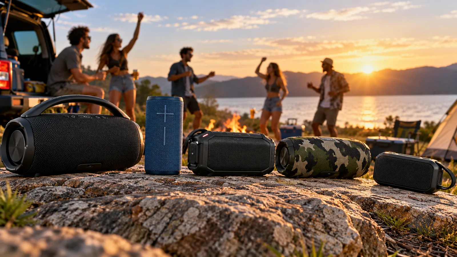 Several portable Bluetooth speakers are arranged on a rock beside an outdoor campsite gathering.