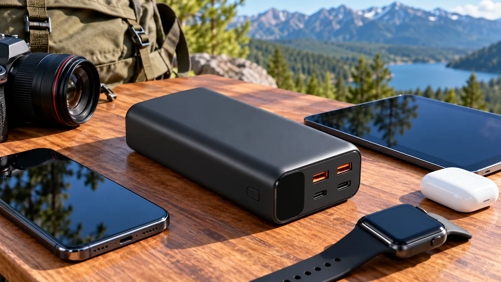 A large unbranded portable charger sits beside phones, a tablet, a watch, and travel gear.