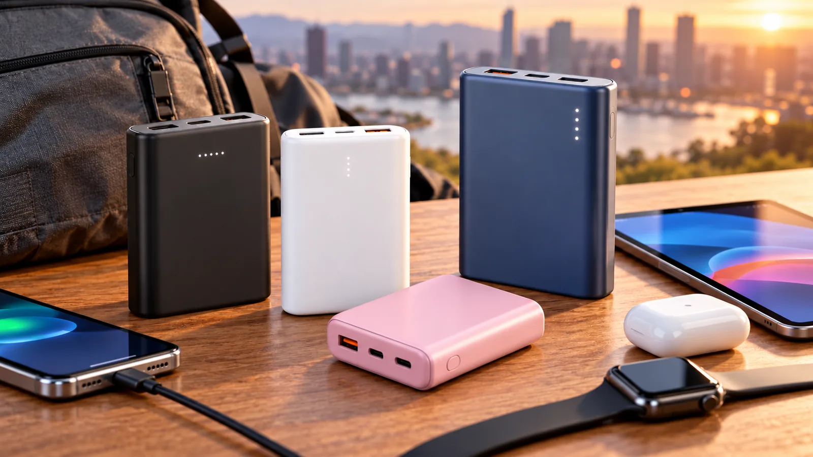 Portable power banks in several sizes sit beside phones and travel gear.
