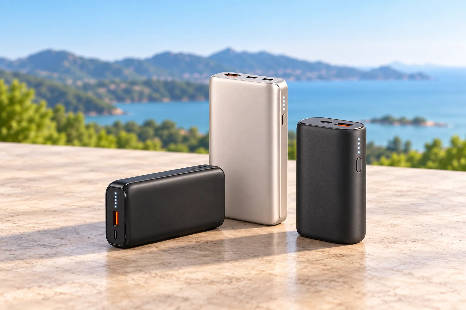 Three unbranded portable power banks in different sizes are arranged on a clean outdoor tabletop.