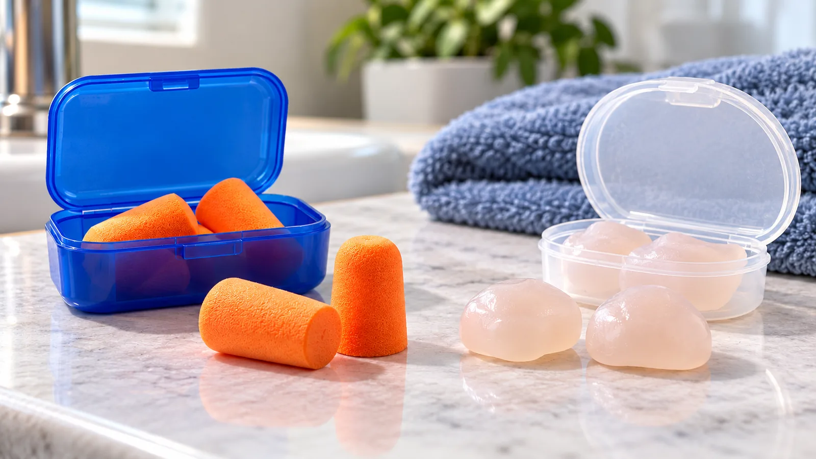 Orange foam earplugs and soft silicone putty earplugs are shown separately in plain cases.