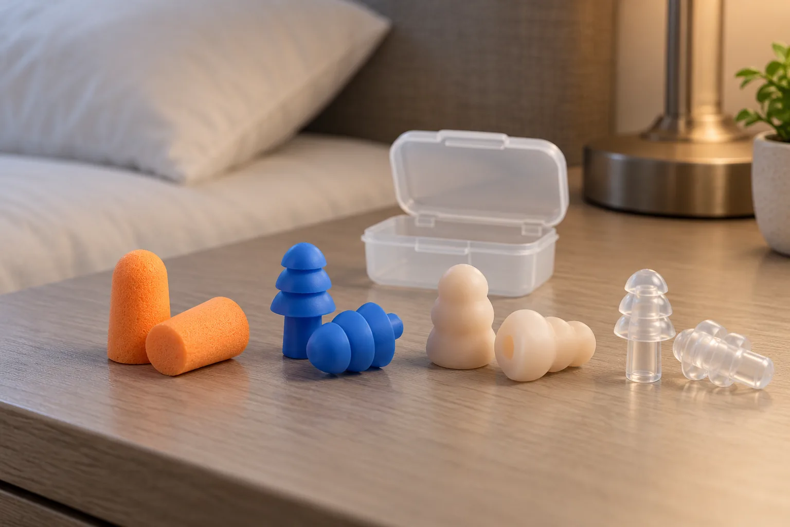 Different generic foam and silicone earplugs sit beside a plain storage case on a bedside table.