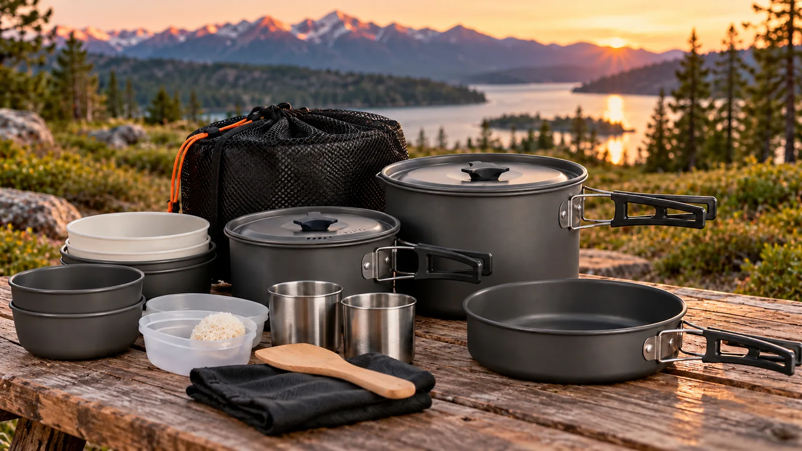 Nested camping pots, pans, bowls, cups and a mesh storage bag arranged on a wooden table beside a lake.