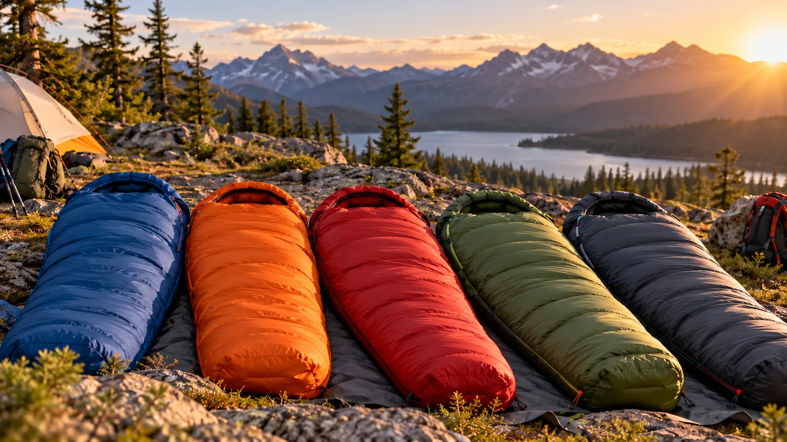 Several unbranded sleeping bags are arranged at a mountain campsite.