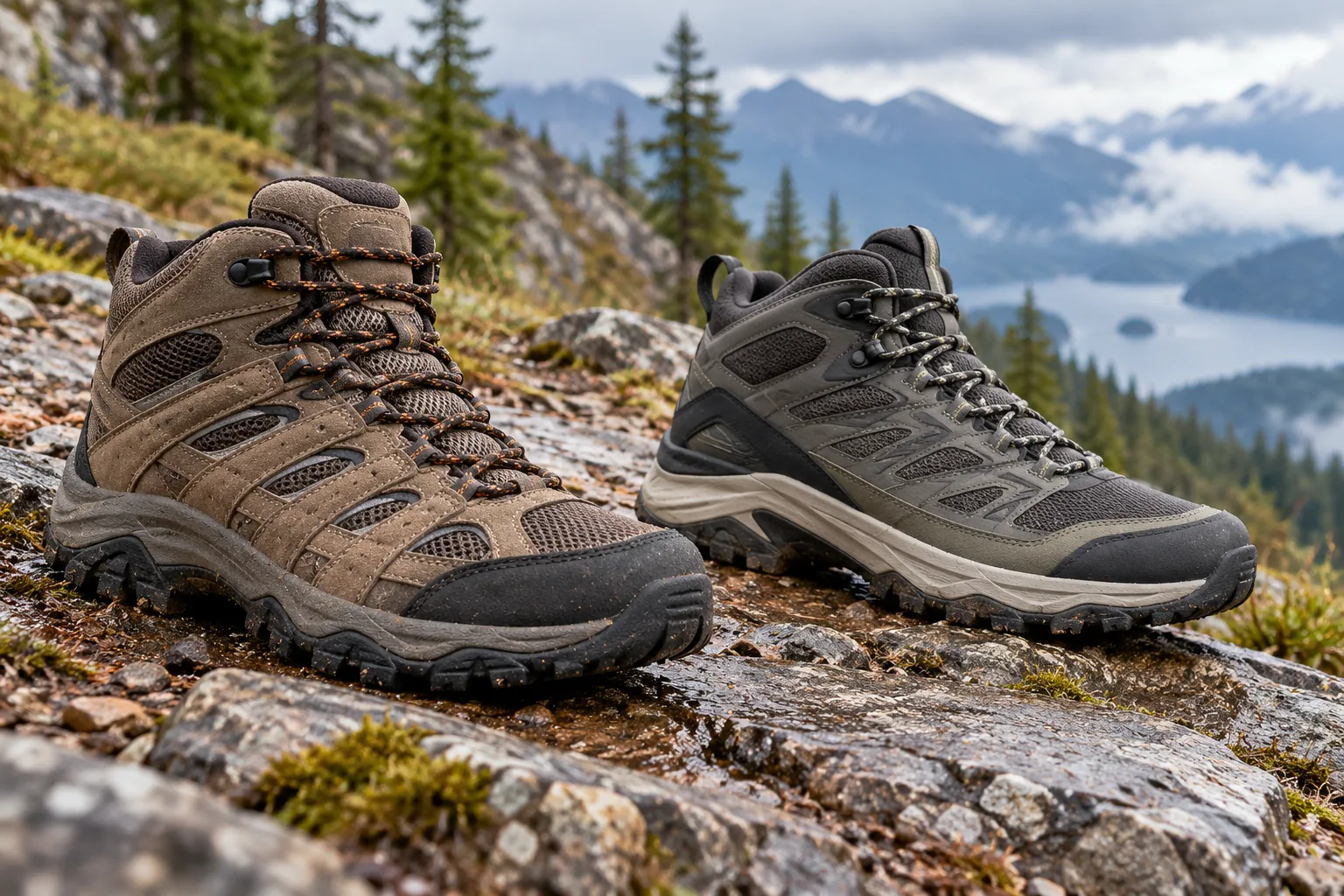 Two unbranded hiking boots with different upper shapes and materials sit on a rocky mountain trail.
