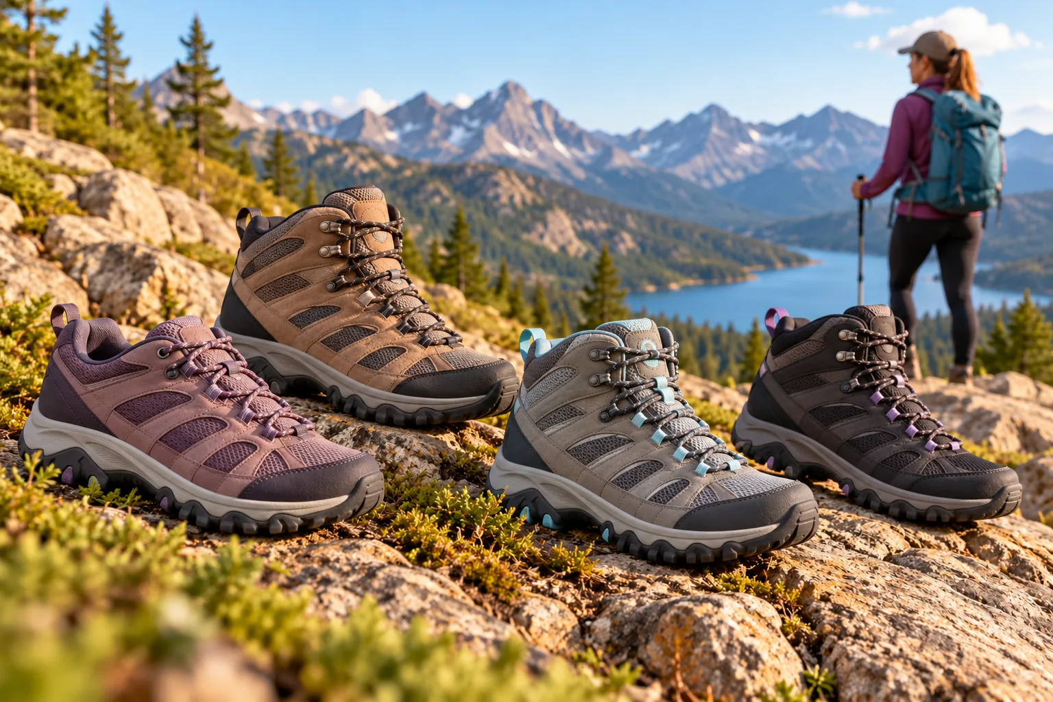 Several unbranded hiking boots are displayed on a rocky trail with a woman hiker in the mountain background.