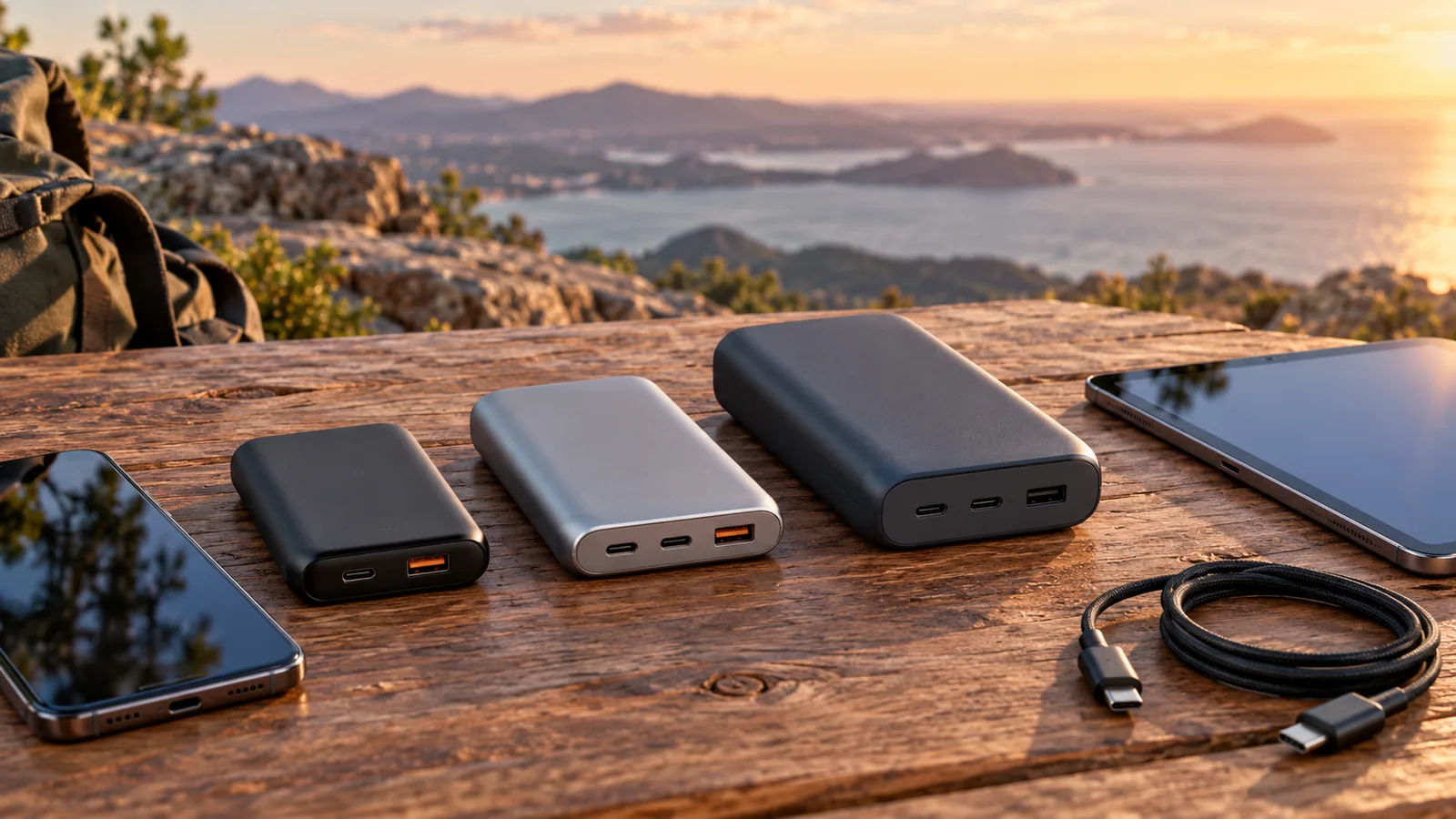 Three portable power banks with visible charging ports sit beside phones, a tablet and USB-C cables on a wooden table.