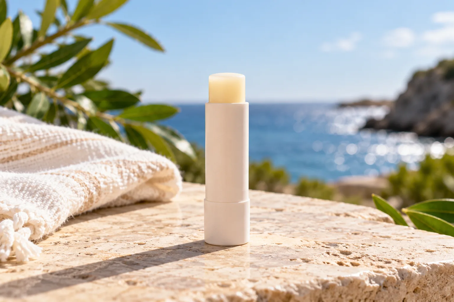 A plain lip balm tube stands on a sunlit stone surface outdoors.