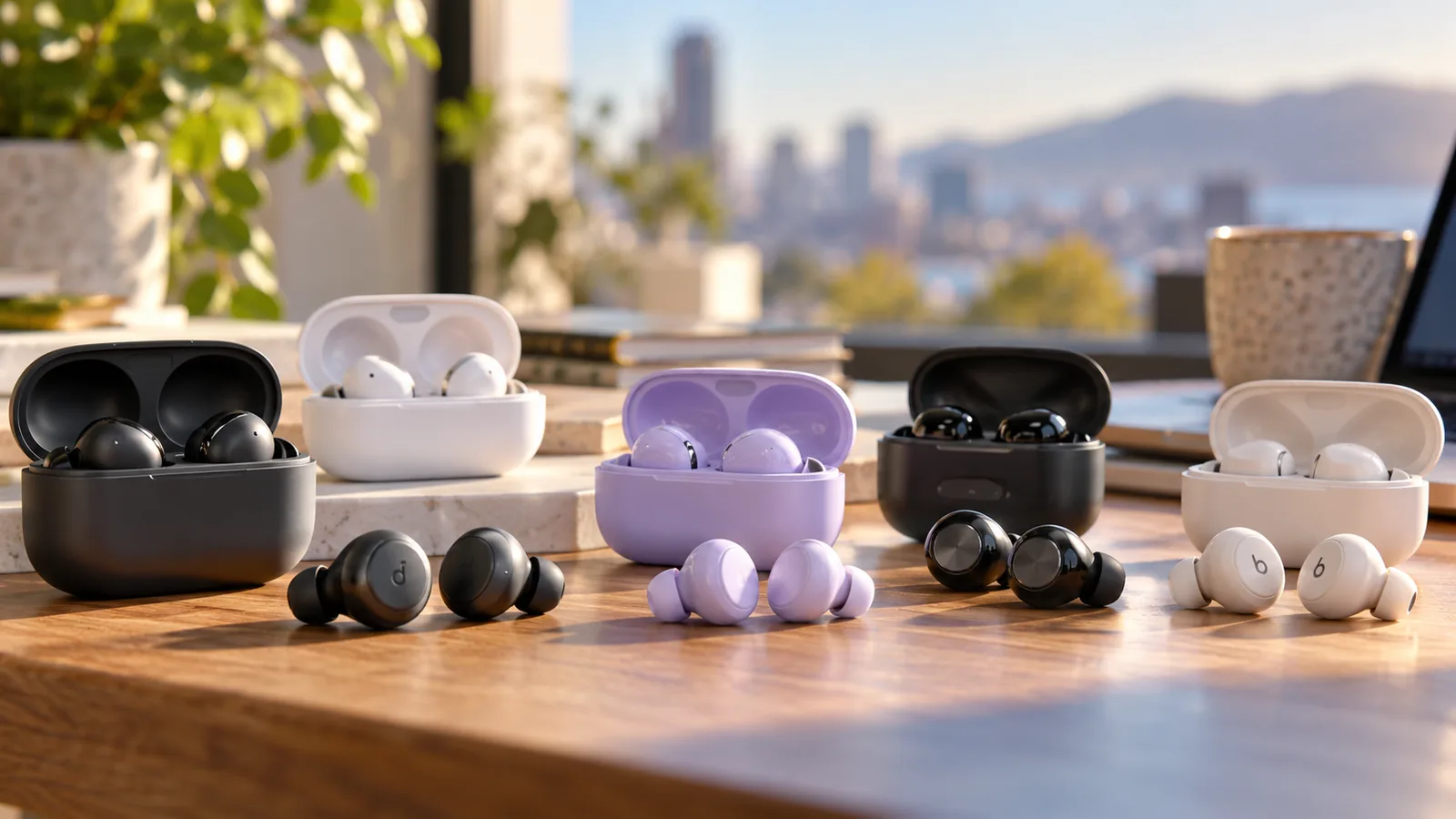 Compact black, white and lavender wireless earbuds sit beside their open charging cases on a wooden table.