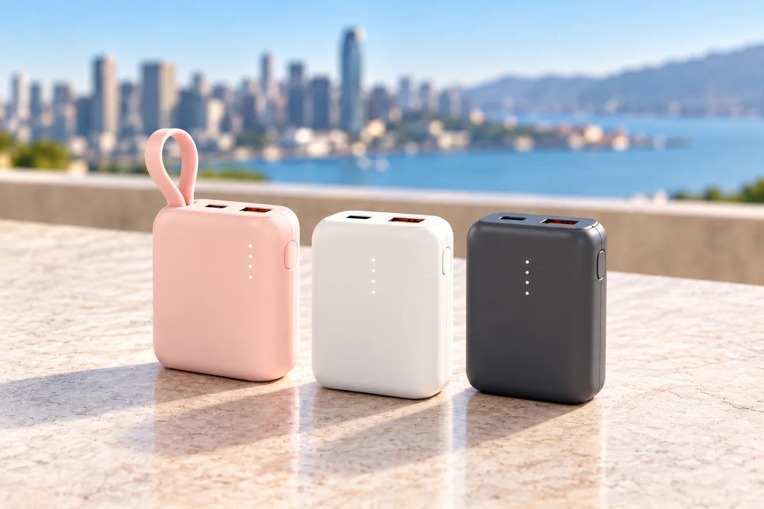 Three compact portable power banks in different colors stand on a table by a waterfront.
