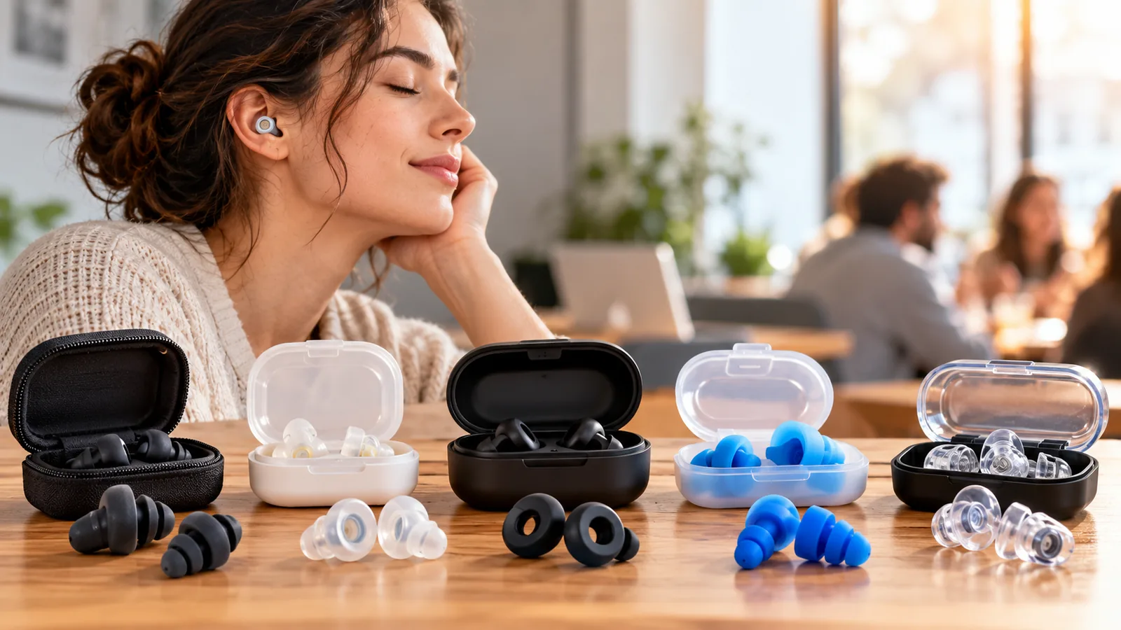 A woman wears a reusable earplug while several earplug styles are displayed in open cases.