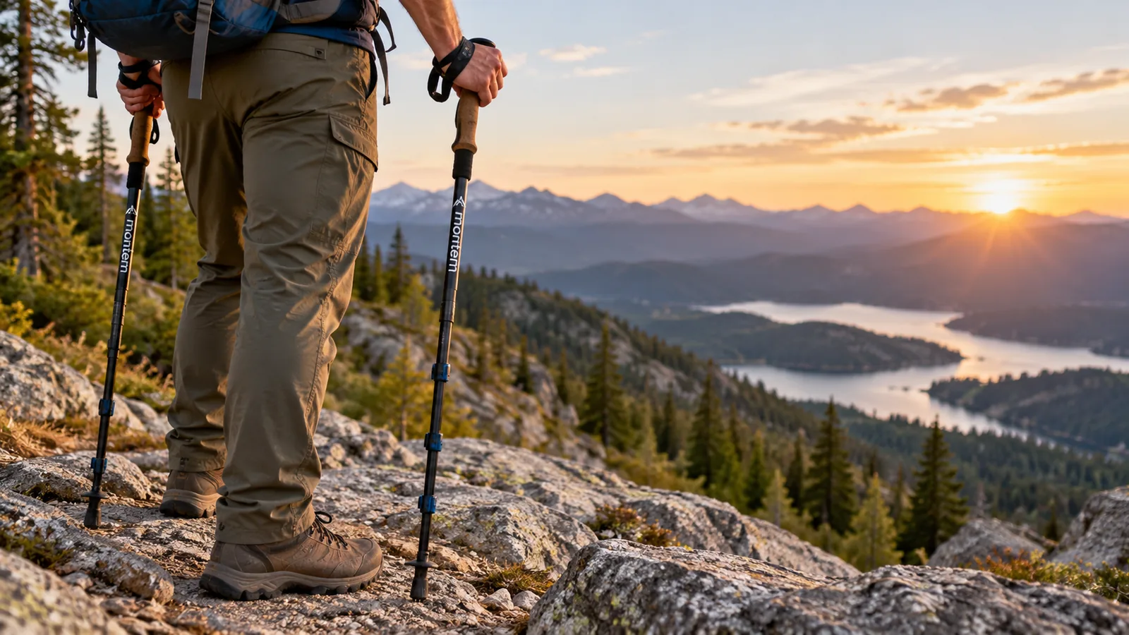 A hiker uses a trekking pole on a rocky mountain trail at sunset.