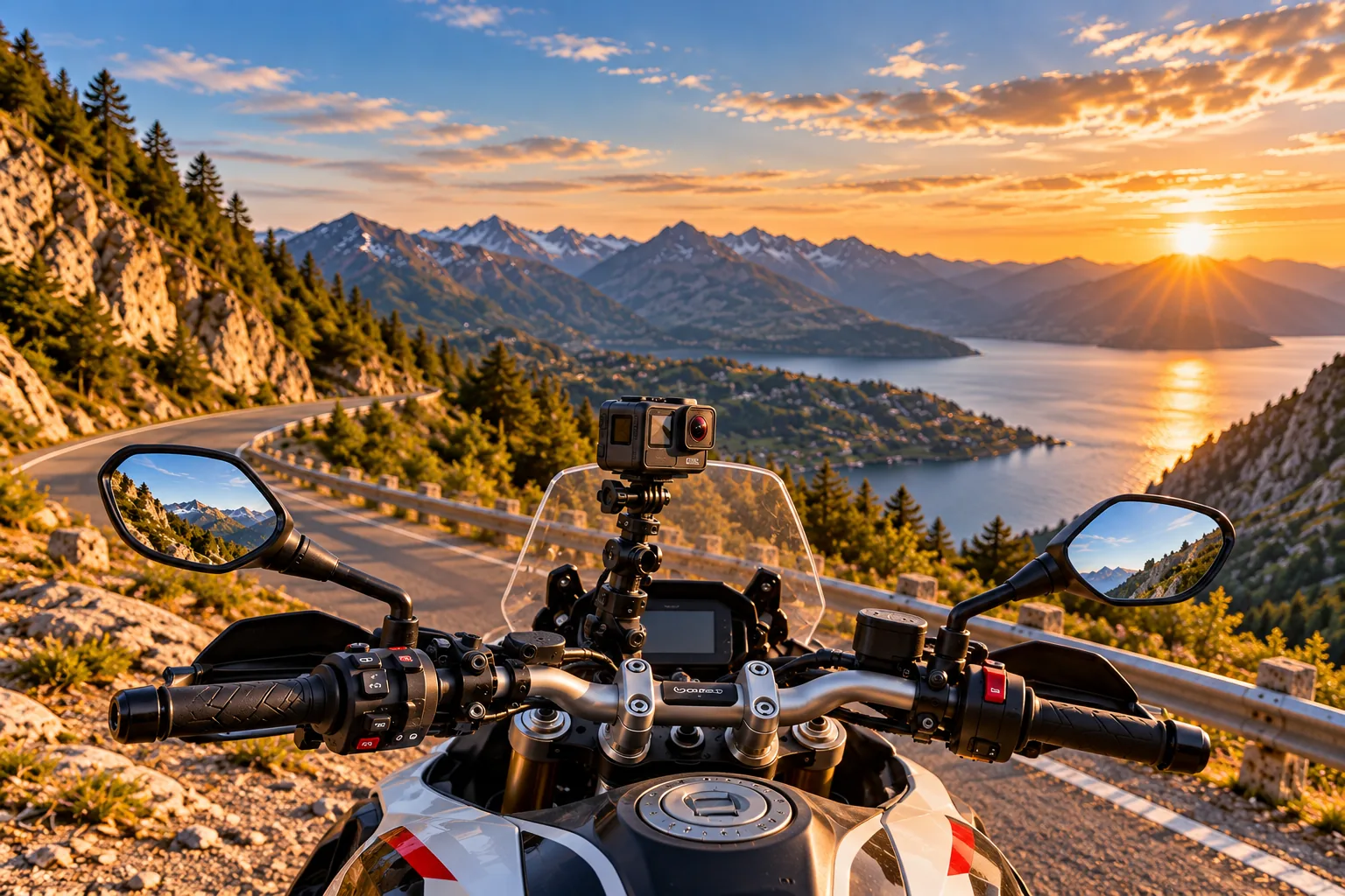 An action camera mounted above the handlebar of a parked motorcycle on a mountain road.