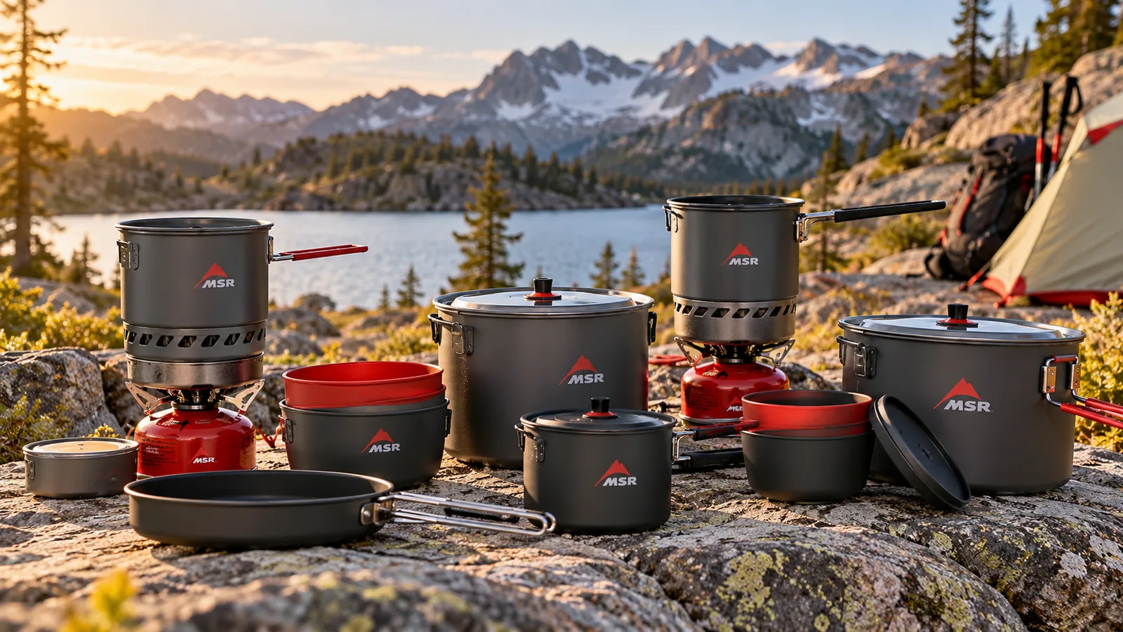 Several MSR camping cookware pots and pans are arranged at a mountain campsite.