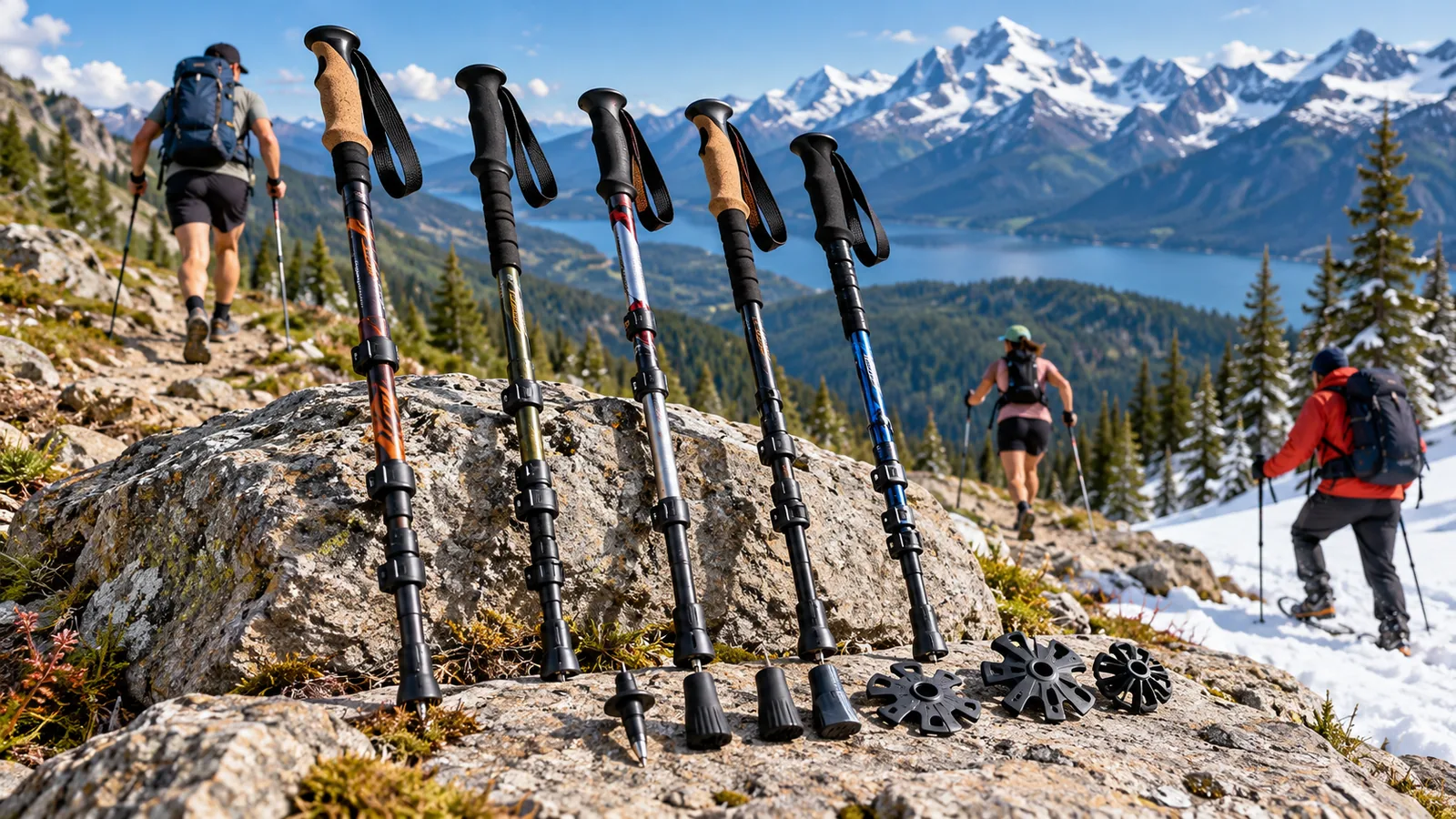 Hikers using trekking poles on a mountain trail.