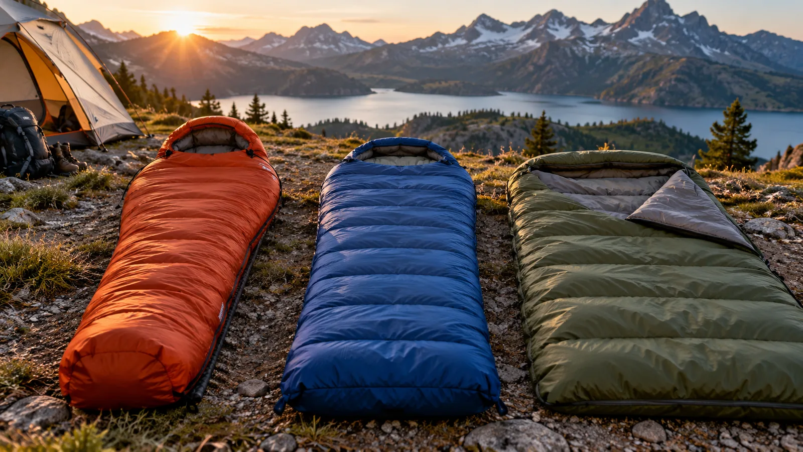 Three hooded camping sleeping bags are laid side by side at a mountain campsite.