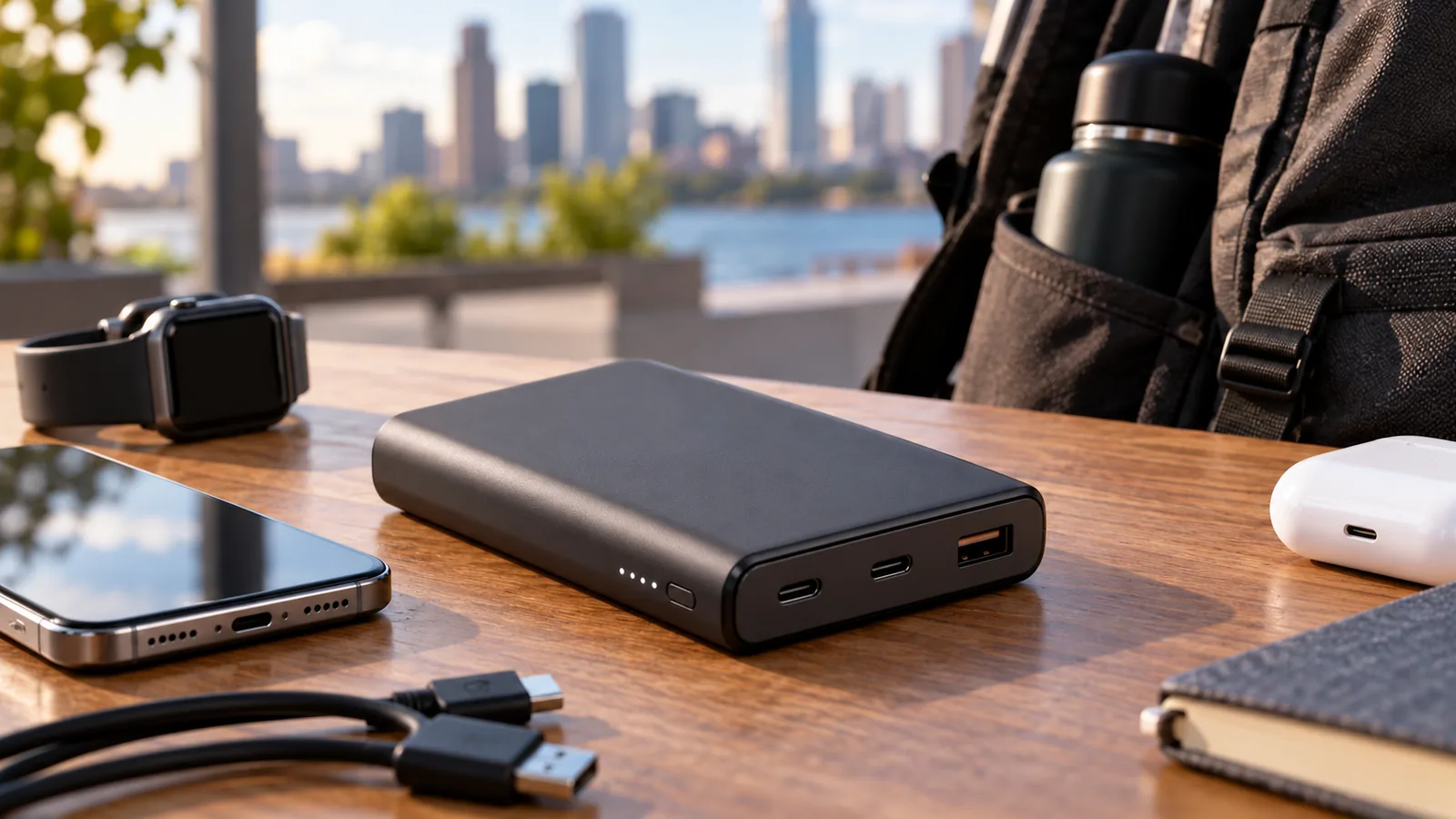 A dark portable power bank with charging ports sits on a table beside phones, cables and a backpack.