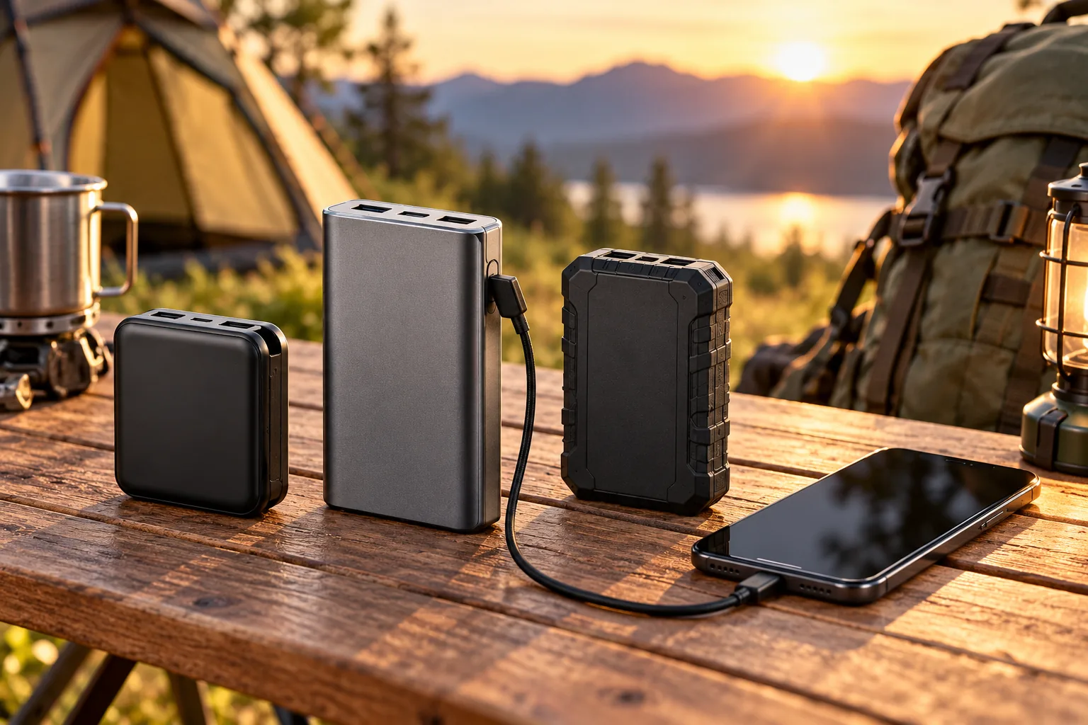 Three unmarked portable power banks beside a smartphone connected by a charging cable at a campsite.