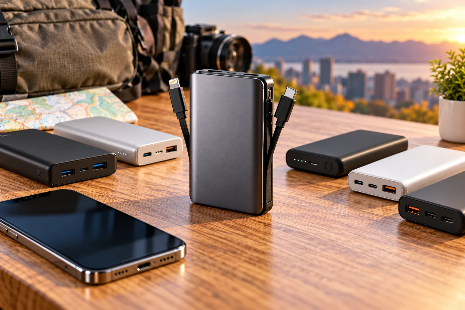 A large unbranded power bank with attached charging cables is centered among other chargers and a smartphone.