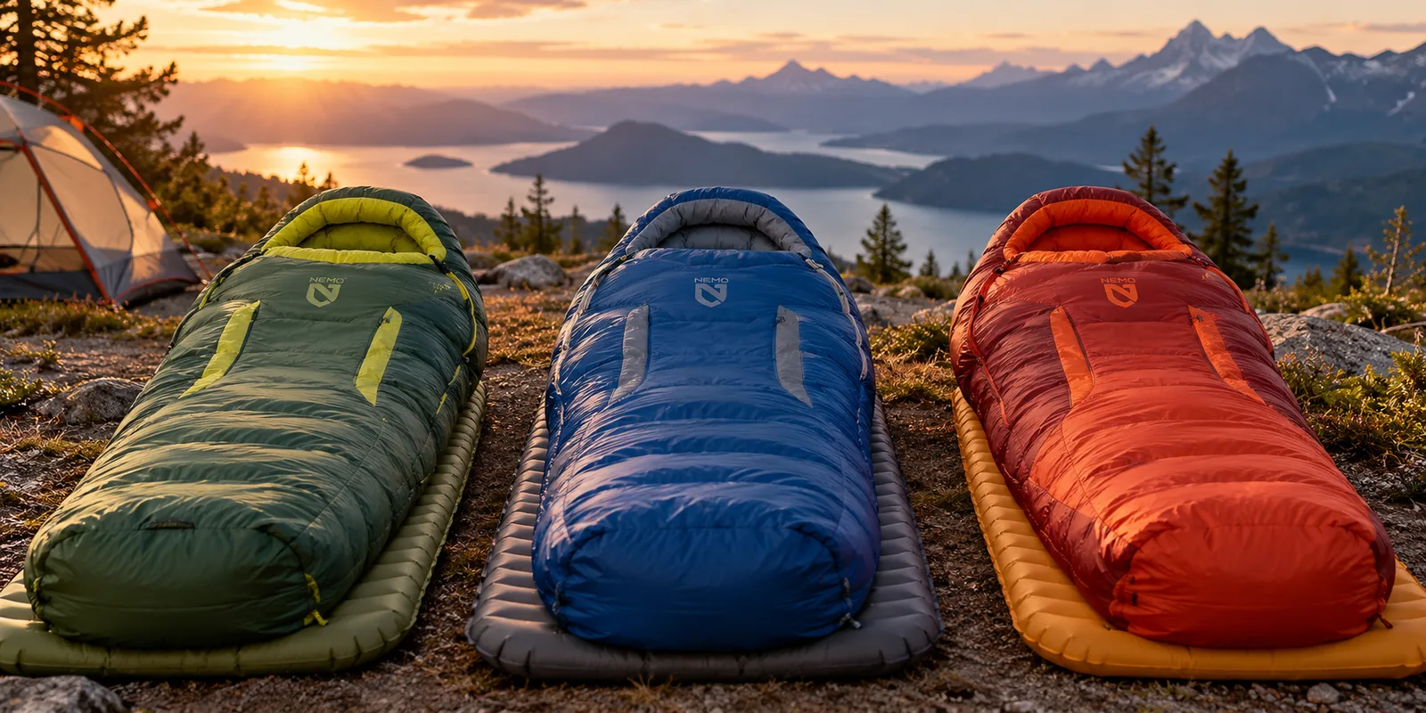 Three NEMO sleeping bags in different colors lie on sleeping pads at a mountain campsite.